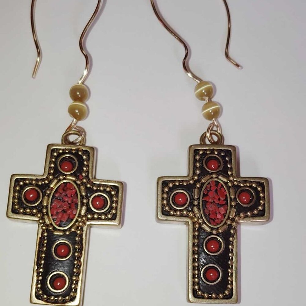 Handmade Earth Red Indonesia Bronze Tibetan Silver Big Long Cross Earrings
